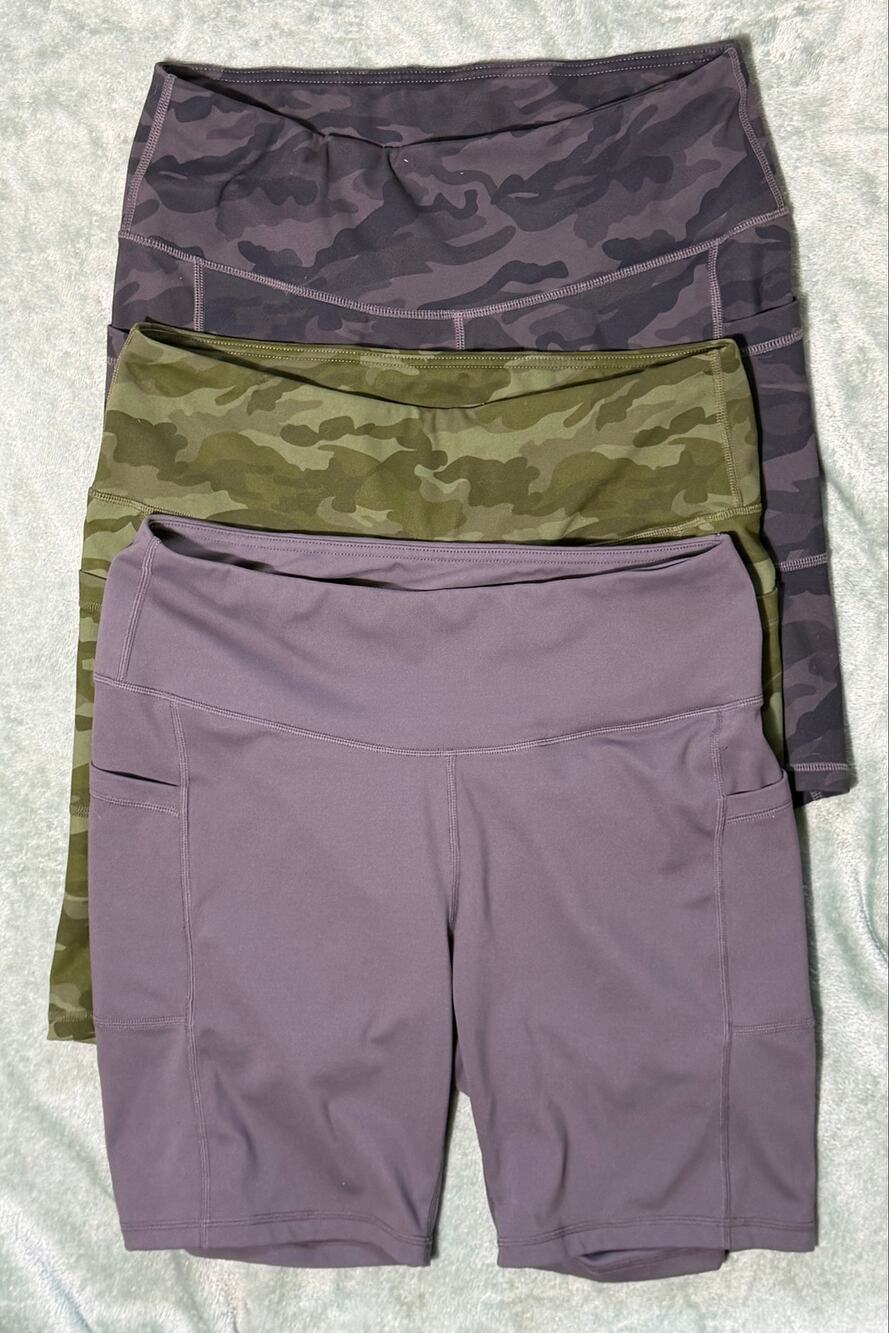 Women’s Athletic Biker Shorts Bundle XL | 3 Pairs | Camo & Gray | Side Pockets